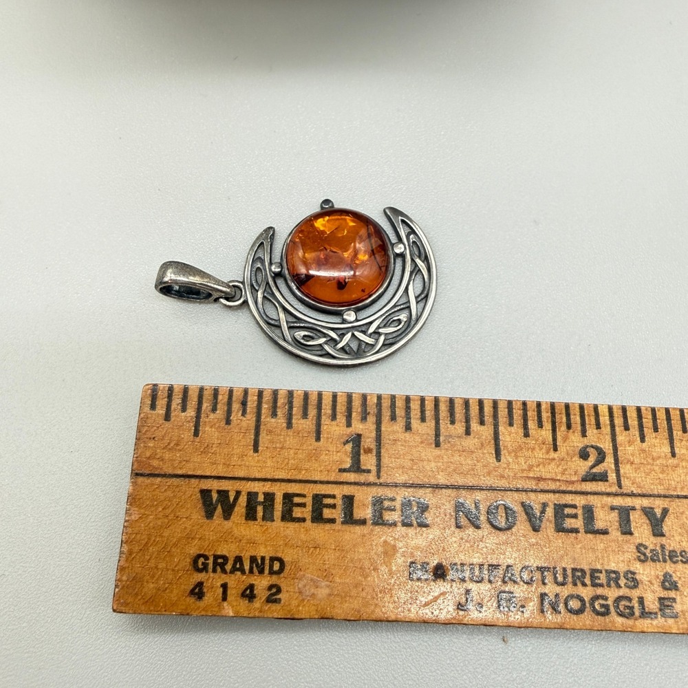 Celtic Crescent Moon Amber Pendant Sterling Silver 925 Cognac Cabochon - Picture 5 of 7